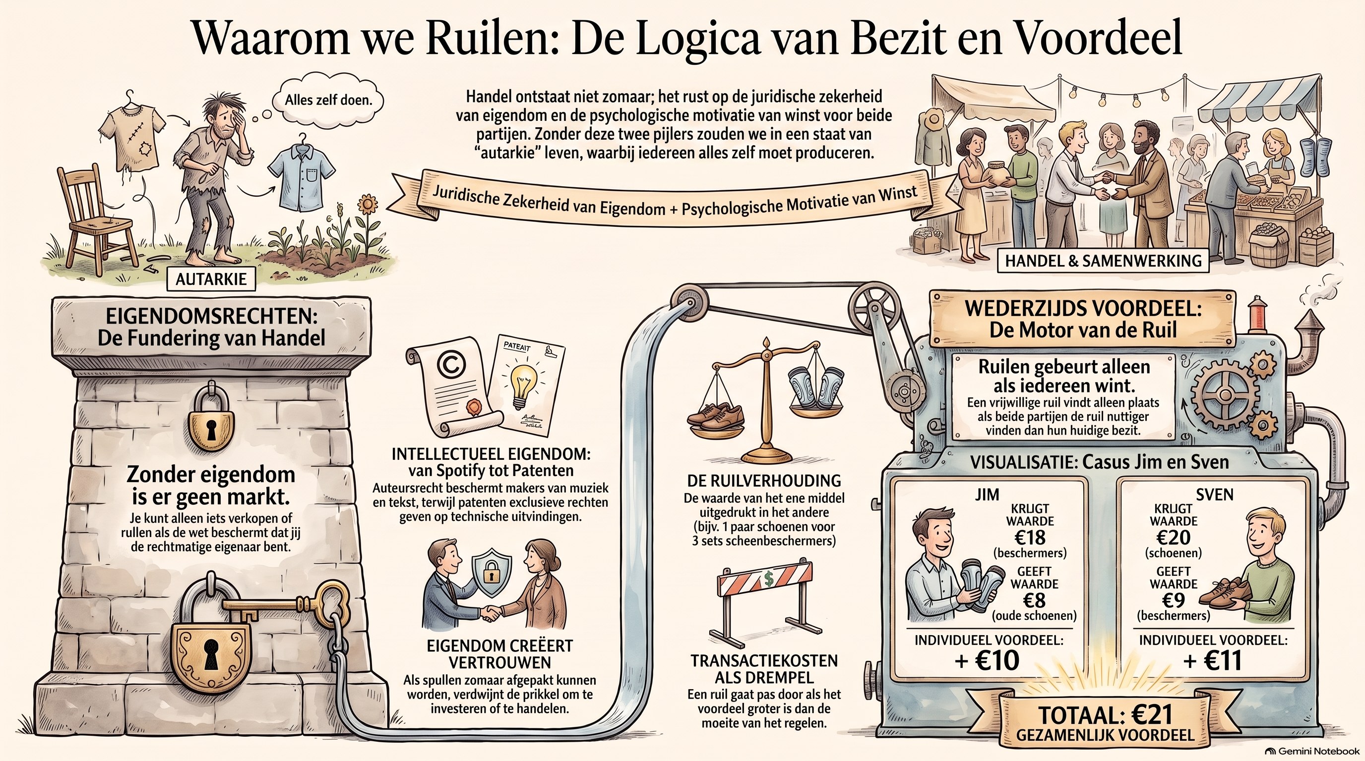 Infographic: wederzijds voordeel, eigendomsrechten en transactiekosten bij ruilen