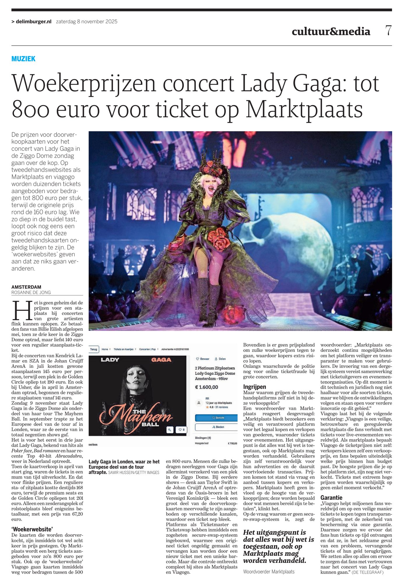 Woekerprijzen concert Lady Gaga: tot 800 euro voor ticket op Marktplaats