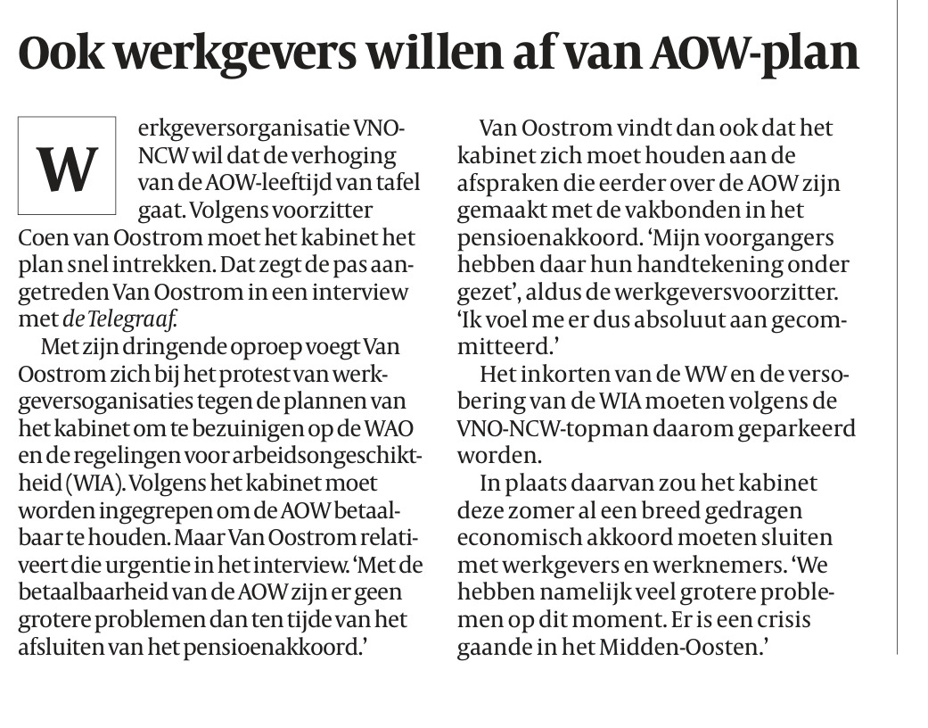 Ook werkgevers willen af van AOW-plan