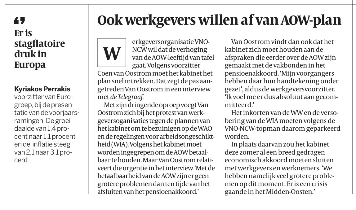 Artikel: Ook werkgevers willen af van AOW-plan