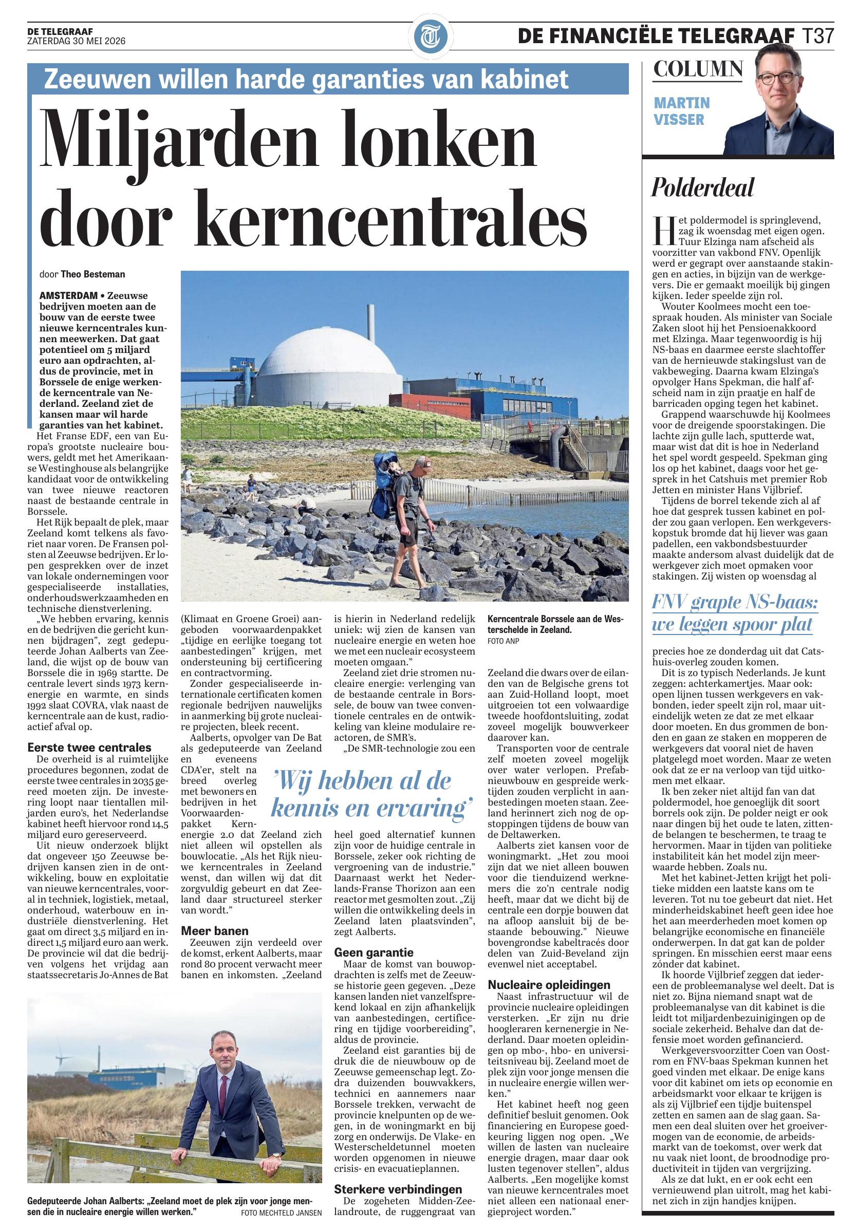 Artikel: Miljarden lonken door kerncentrales &mdash; Zeeuwen willen harde garanties van kabinet