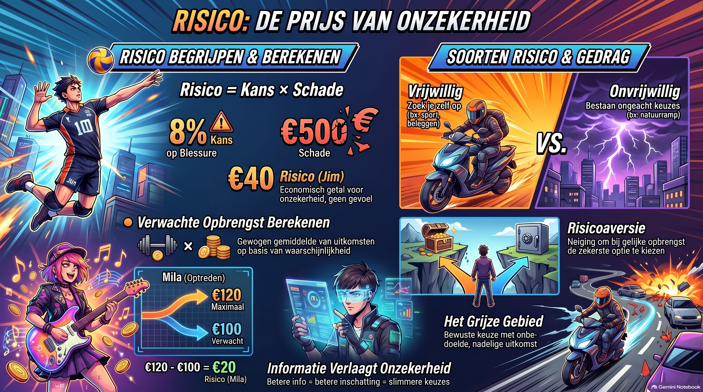 Infographic: Risico, de prijs van onzekerheid &mdash; risico berekenen, verwachte opbrengst, vrijwillig/onvrijwillig risico en risicoaversie