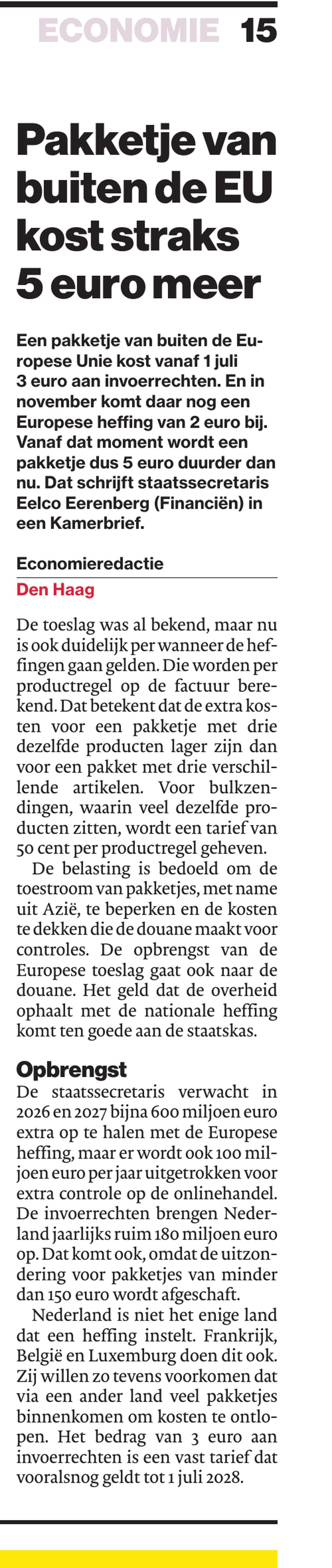 Krantenartikel: Pakketje van buiten de EU kost straks 5 euro meer