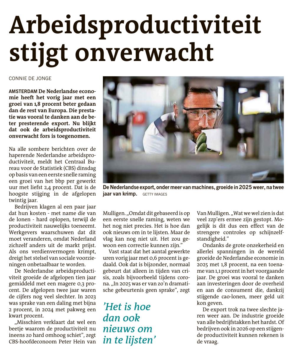 Artikel: Arbeidsproductiviteit stijgt onverwacht