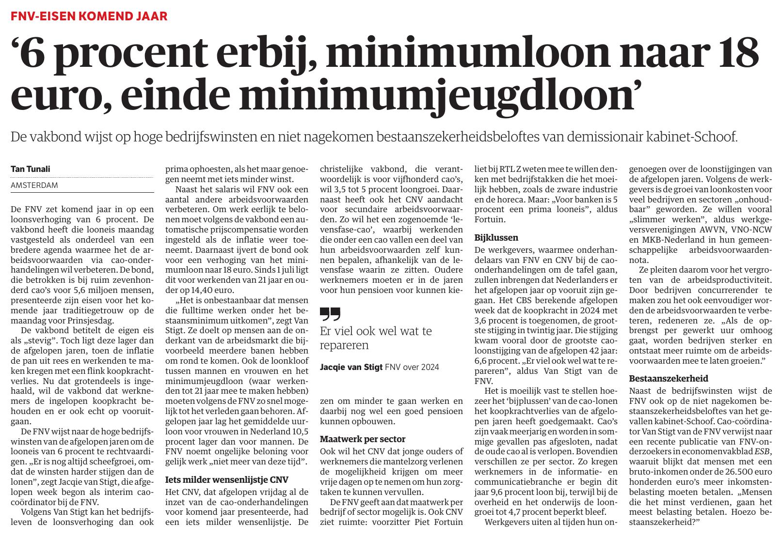 Artikel: 6 procent erbij, minimumloon naar 18 euro, einde minimumjeugdloon