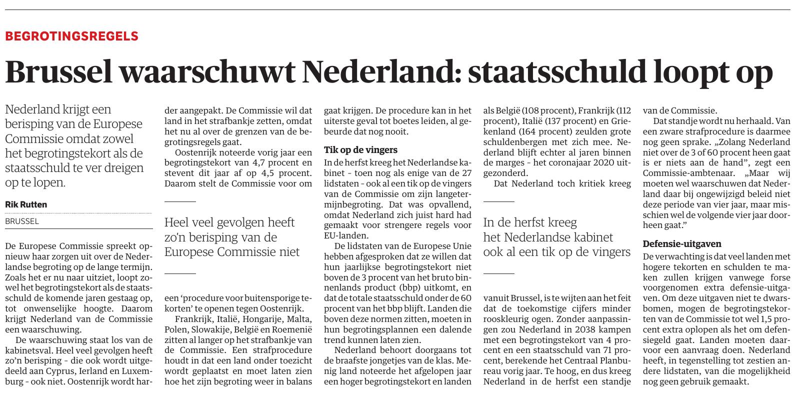 Artikel: Brussel waarschuwt Nederland: staatsschuld loopt op