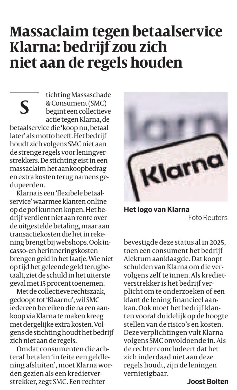 Massaclaim tegen betaalservice Klarna
