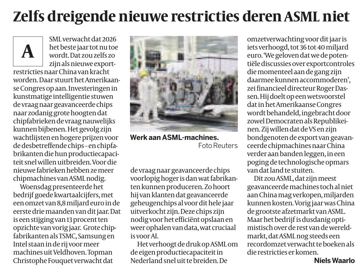 Zelfs dreigende nieuwe restricties deren ASML niet
